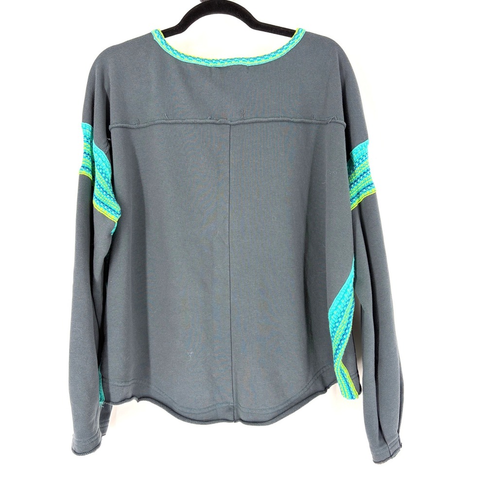 Natural Life Gray Oversized Sweatshirt Teal Lime Green Knit Trim L/XL Boho Top - Picture 2 of 4